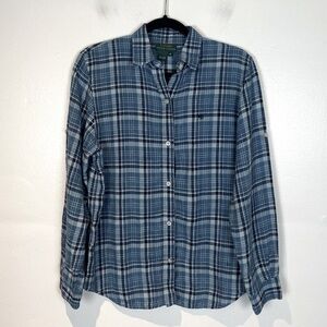 Lauren Ralph Lauren Women's Linen Button Down Shirt Size M Blue Roll Tab Sleeve